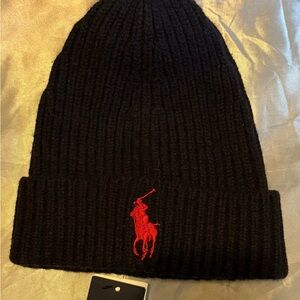 🆕Polo by Ralph Lauren Navy Blue Knit Hat with Red Polo Emblem